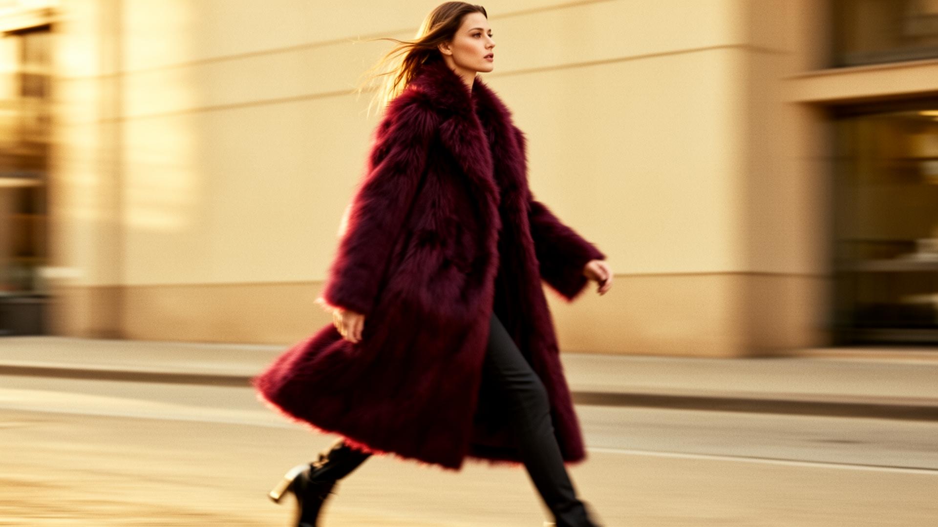 Enchanté editorial — burgundy faux-fur coat in motion